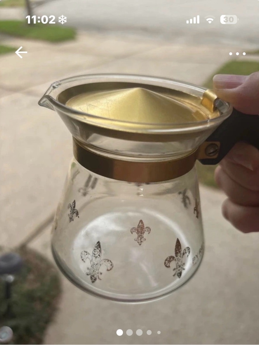 Pyrex Glass Coffee Creamer with Gold Accents and Fleur-de-Lis Motif